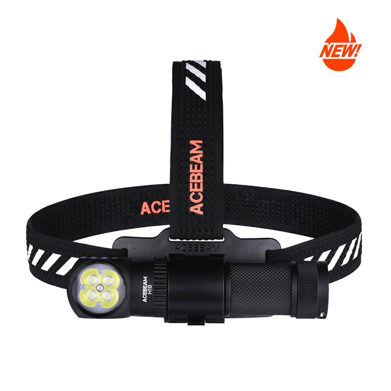 Acebeam H18 dual-light right-angle headlamp on headband, official Acebeam product photo