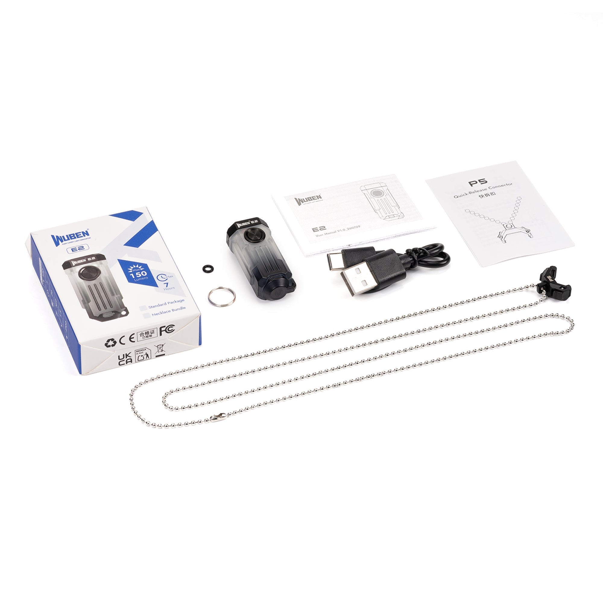 Wuben E2 Pulse necklace bundle with chain, USB-C cable, and box
