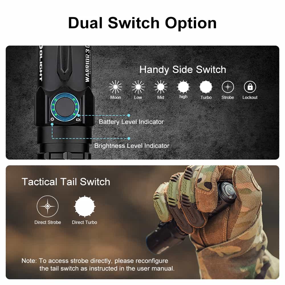 Olight Warrior 3S dual switch controls, official photo